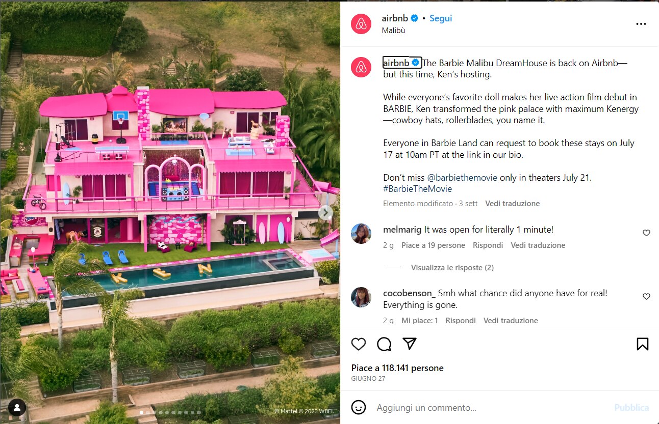 Casa Barbie e Ken a Malibu. Fonte: Instagram.